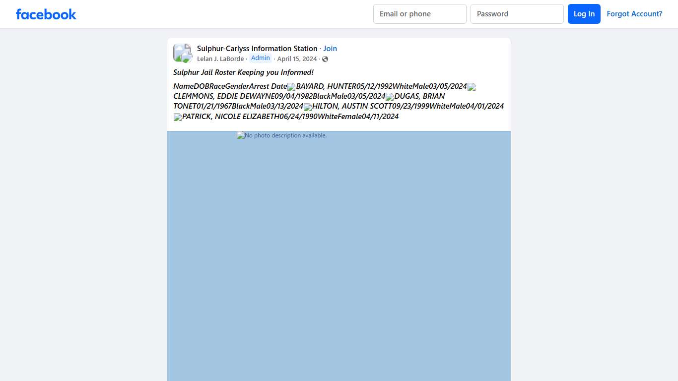 Sulphur-Carlyss Information Station ***Sulphur Jail Roster Keeping you Informed Facebook